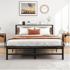 VERFARM 5ft King Size Metal Platform Bed Frame with Wooden Storage Headboard, 150x200cm Bed Frame, No Box Spring Required, Sturdy Steel Slat Support, Easy Assembly, Noise-Free,