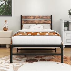 HOMERECOMMEND 140 x 200 cm Metal Bed Frame with Slatted Frame with Wooden Headboard and Footboard Heavy Duty Metal Platform Bed Frame Solid and Stable