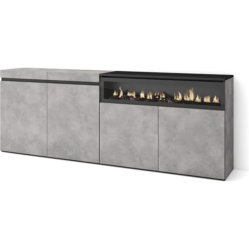 Skraut Home Sideboard, Highboard, Chest of Drawers, Comode Cabinet, 200 x 75 x 35 cm, 4 Doors, Electric Fireplace, Dimensions, Modern Style, Cement