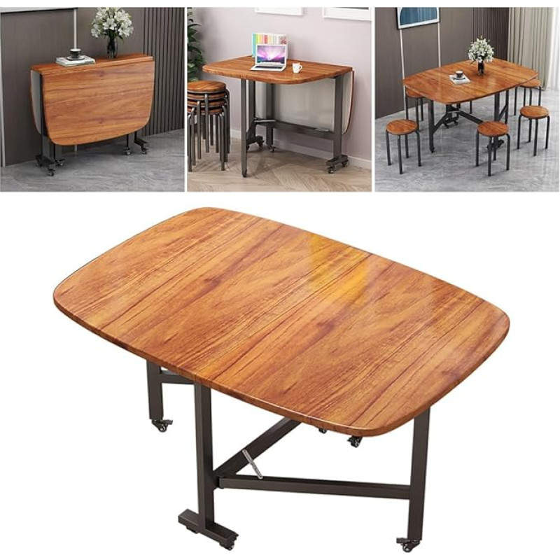 SINBINTA Folding Dining Table, Extendable Table with Wheels, Mobile Wooden Kitchen Table for Small Spaces (Brown, 100 x 60 x 75 cm)