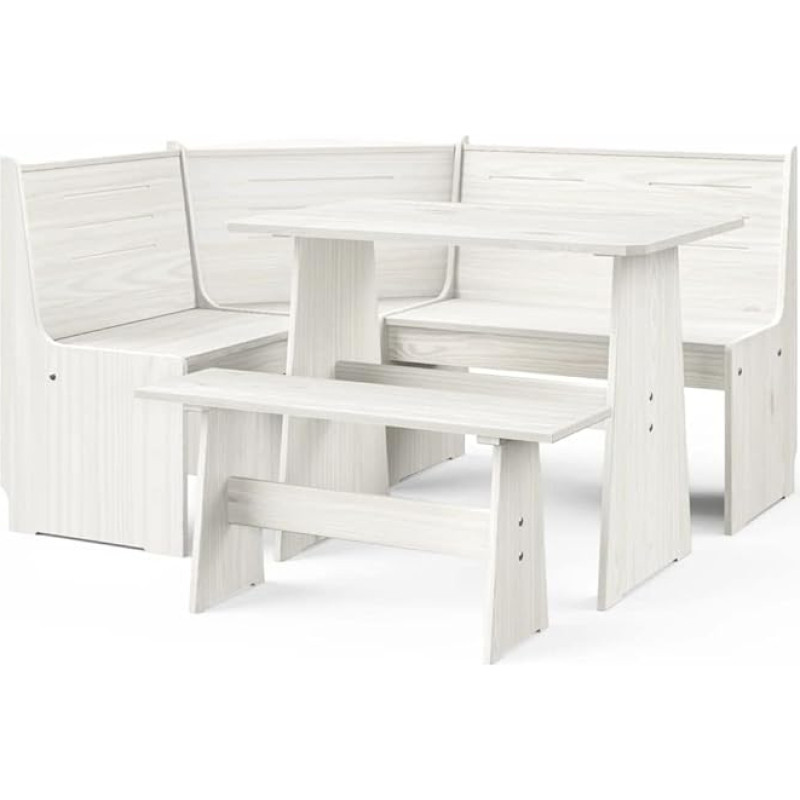 KOIECETA 3-Piece Corner Bench Set Solid Pine Corner Bench Dining Room Set Table Stool Dining Room Set (White)