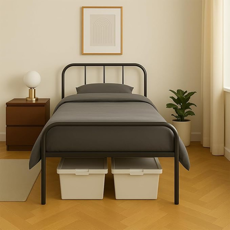 House Of Home Single Metal Bed Frame with Rounded Headboard and Footboard - Strong Metal Slats - Max Load 120kg - Under Storage Space - Modern Minimalist Bed Frame in Black