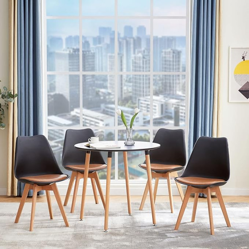 FURNITABLE Dining Room Group Dining Table with 4 Chairs, Round Kitchen Table and Dining Room Chairs for Living Room, Kitchen, Office (Black Table + 4 Black & Brown Chairs)