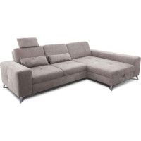CAVADORE Bali Corner Sofa / Trendy Sofa Corner with Longchair Right, Headrest and Kidney Cushion / Includes Seat Depth Adjustment, Bed and Bed Box / 286 x 92 x 176 / Flat Weave Beige Grey