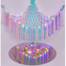 MHJY Toy Hammock Stuffed Animals Storage Net Soft Cuddly Toys Large Corner Hanging Net with LED Light Handwoven Plush Macrame Organizer with Tassel for Nursery Nursery