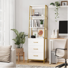 HOCSOK Bookcase, Standing Shelf with 3 Levels, Office Shelf with 3 Drawers, Wood & Metal Frame, Storage Shelf for Living Room, Office, Bedroom, Kitchen