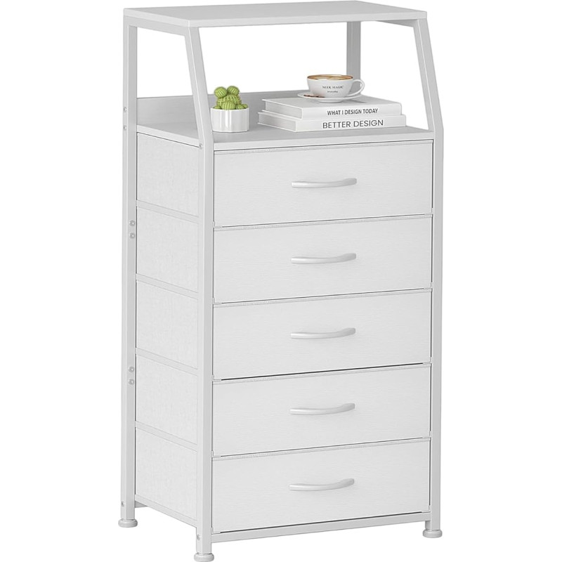 Chest of Drawers with 5 Drawers Made of Fabric, Tall Narrow Chest of Drawers Storage Cabinet for Bedroom, 2-Tier Wooden Top Fabric Chest of Drawers, Industrial Cabinet for Living Room, Children's
