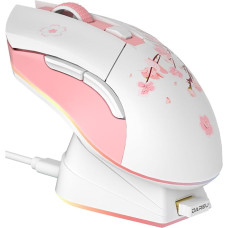 DAREU Sakura Pink Gaming Mouse Wireless with Magnetic Charging Dock Rechargeable RGB 12K DPI, 7 Programmable Buttons, High Precision Sensor 300IPS 1000Hz for PC Notebook Mac