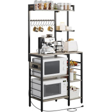 GarveeHome Kitchen Rack with LED Lights, Socket and Wire Basket, Microwave Stand with 10 S-shaped Hooks, Storage Rack, X Design, Baker's Rack for Spices, Spices, Pots, Grey