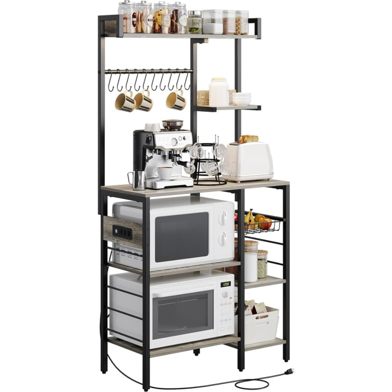 GarveeHome Kitchen Rack with LED Lights, Socket and Wire Basket, Microwave Stand with 10 S-shaped Hooks, Storage Rack, X Design, Baker's Rack for Spices, Spices, Pots, Grey