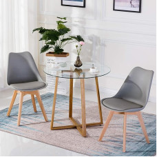 H.J WeDoo Dining Room Group Dining Table with 2 Chairs, Round Glass Dining Table and 4 Nordic Style Chairs for Balcony, Dining Room, Living Room, Grey