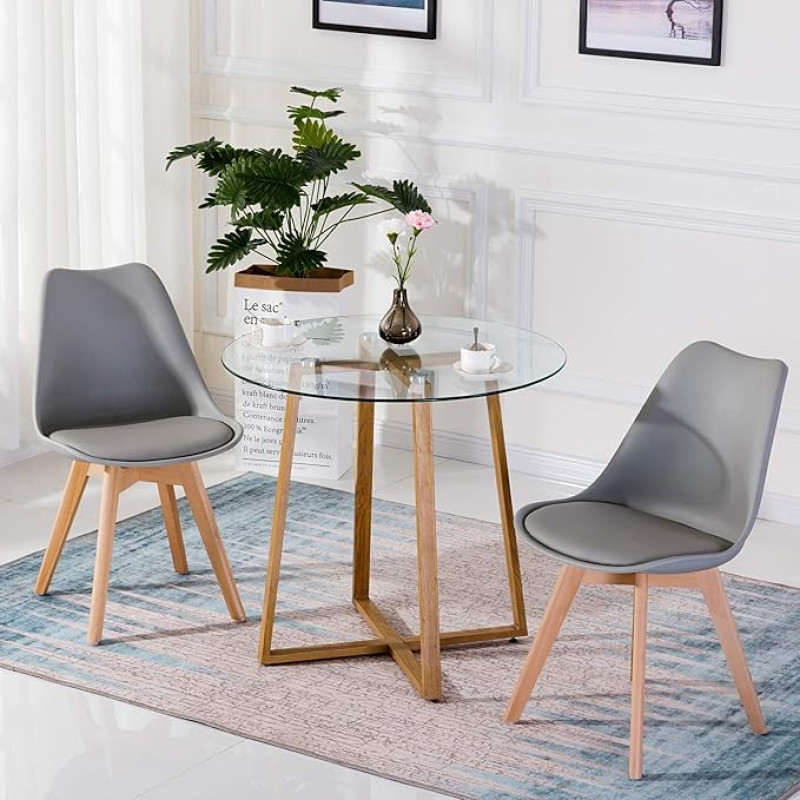 H.J WeDoo Dining Room Group Dining Table with 2 Chairs, Round Glass Dining Table and 4 Nordic Style Chairs for Balcony, Dining Room, Living Room, Grey