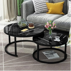 Modern Coffee Table Set Metal Frame Marble Effect Glass Desk Top Nesting Tables for Home, Office, Living Room or Lounge (Black, 70cm and 50cm)
