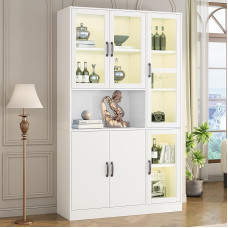Rtopsu White Sideboard Standing Cabinet with LED Lighting, Storage Cabinet Bookshelves Glass Display Cabinet with 6 Doors and 9 Storage Space Cabinets for Living Room Bedroom 200 x 120 x 40 cm