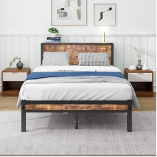 Diahomy Metal Bed Frame with Slatted Frame, Double Bed/Single Bed, Bed Frame with Headboard, Wooden Metal Bed Frame with Slatted Frame, 120 x 200 cm, Double Bed 120 x 200 cm, Brown
