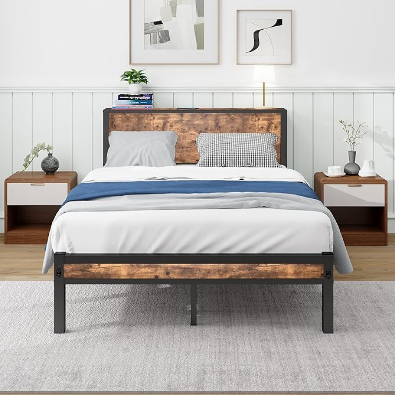 Diahomy Metal Bed Frame with Slatted Frame, Double Bed/Single Bed, Bed Frame with Headboard, Wooden Metal Bed Frame with Slatted Frame, 120 x 200 cm, Double Bed 120 x 200 cm, Brown