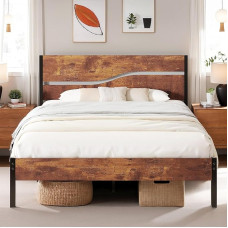 VECELO Bed Frame 140 x 200 cm Bed Frame with Slatted Base, Double Bed Metal Bed with Thick Wooden Headboard, Modern Guest Bed Youth Bed, Perfect for Adults and Teenagers, Brown