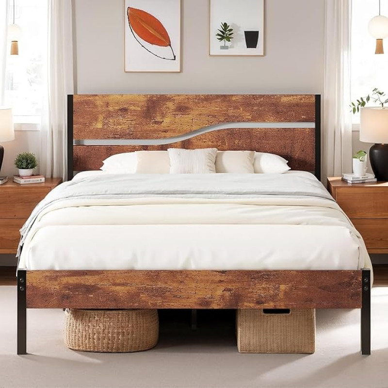 VECELO Bed Frame 140 x 200 cm Bed Frame with Slatted Base, Double Bed Metal Bed with Thick Wooden Headboard, Modern Guest Bed Youth Bed, Perfect for Adults and Teenagers, Brown