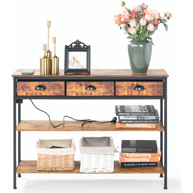 FurnitureR Console Sofa Table with Sockets, USB Ports, Entertainment Centre with 3 Drawers & Storage Shelf, Entrance Table for Living Room, Hallway, Brown