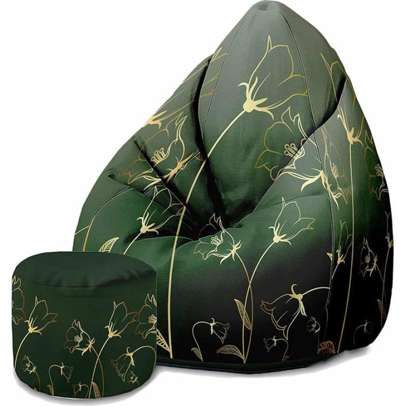 DreamRoots Adult Bean Bag with Filling 80 x 80 x 120 cm - Bean Bag Chair - Bean Bags with Backrest and Stool and Cover - Bean Bag Chair - Chill Chair Velvet Engraving Botanical Pattern