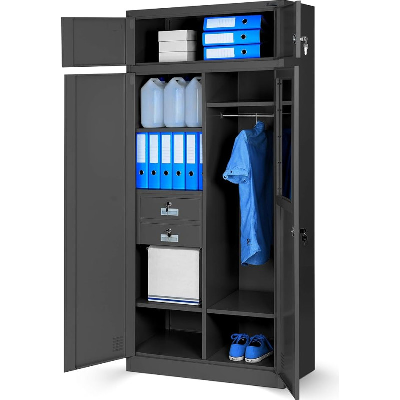 Jan Nowak Filing Cabinet, Multi-Purpose Cabinet, Locker Cabinet, Secret Compartment, 2 Drawers, 4 Shelves, with Clothes Rail, Mirror, Powder Coated, Lockable, Metal, 185 cm x 90 cm x 50 cm, Anthracite