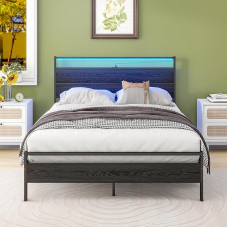 HOJINLINERO Double Bed Frame with Heaboard and LED Lights, 135 x 190 cm, Metal Wooden Bed Frame with Charging Station, Mattress Base/Underbed Storage, Heavy Duty Slatted Support, Black Bed, 135