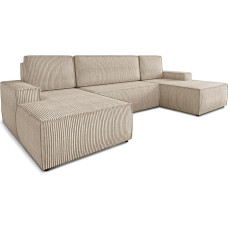 Totti Living Area with Sleep Function - U-Shaped Couch, Sofa Bed with Bed Box, Couch Granite with Bed Function, Big Sofa, Cord Fabric, Living Room (Beige (Poso 100))