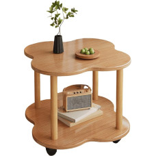 JinZao Side Table Couch with Wheels, Coffee Table, Round, Small, Wooden Bedside Table, Wooden Table Top with Double Petal Shape, for Bedroom and Living Room, Brown, White (B, 40 x 40 x 48 cm)