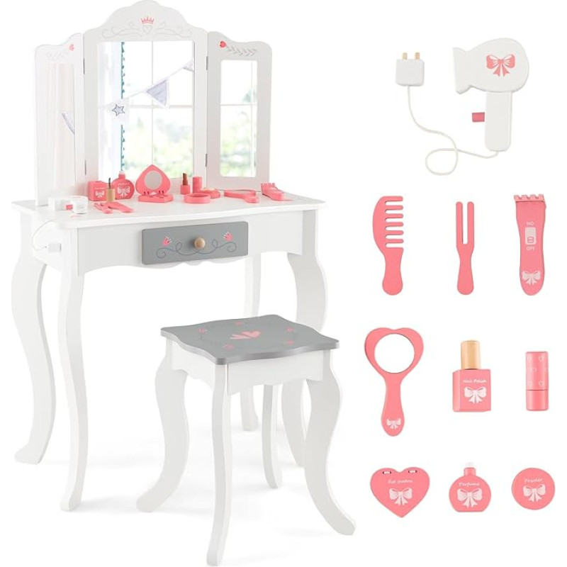 COSTWAY 2 in 1 Children's Dressing Table with Stool, Dressing Table with Removable 3-Way Folding Mirror, Drawer & 10 Accessories, Princess Makeup Table for Children Girls