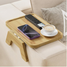 ZUJJAFY Couch Armrest Table, Bamboo Couch Armrest Tray, Clip On Sofa Arm Tray, Table for Drinks, Food, Snacks, Remote Control and Control
