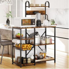 Shintenchi Küchenregal mit Steckdose, multifunktionaler Organizer und Aufbewahrung mit 6 Haken, Mikrowellenofenständer und Kaffeestationsregal, Vintagebraun