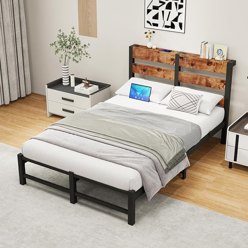 VERFARM Metal Bed Frame 120 x 200 cm Double Bed Single Bed Frame, Modern Youth Bed with Slatted Frame, Wooden Bed Frame with Storage Space Headboard, for Bedroom, Guest Room, Vintage Brown