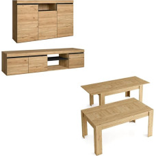 Skraut Home | Living Room Furniture | Natural Model | Sideboard, TV Cabinet, Coffee Table and Extendable Dining Table | Nordic Style | Oak and Black