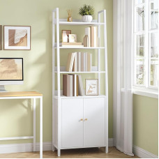 HEXCELEN 6 Tier Bookcase with Doors, Shelf, Trapezoidal Standing Shelf, Bookcase with 4 Open Shelves, Adjustable Shelves, for Bedroom, Study, Living Room, Modern, White