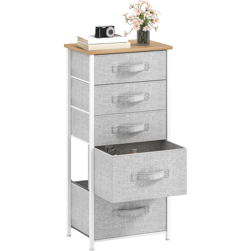 DWVO Chest of Drawers with 5 Drawers, Durable Fabric, Sturdy Metal Frame, Fabric Cabinet with Handles, Ideal for Bedroom, Living Room, Hallway, Children's Room, Light Grey