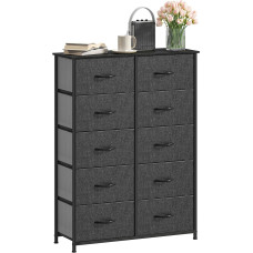DWVO Chest of Drawers with 10 Drawers, Fabric Cabinet with Handles, Metal Frame & MDF Wooden Top, Durable, for Bedroom & Living Room, Black Grey