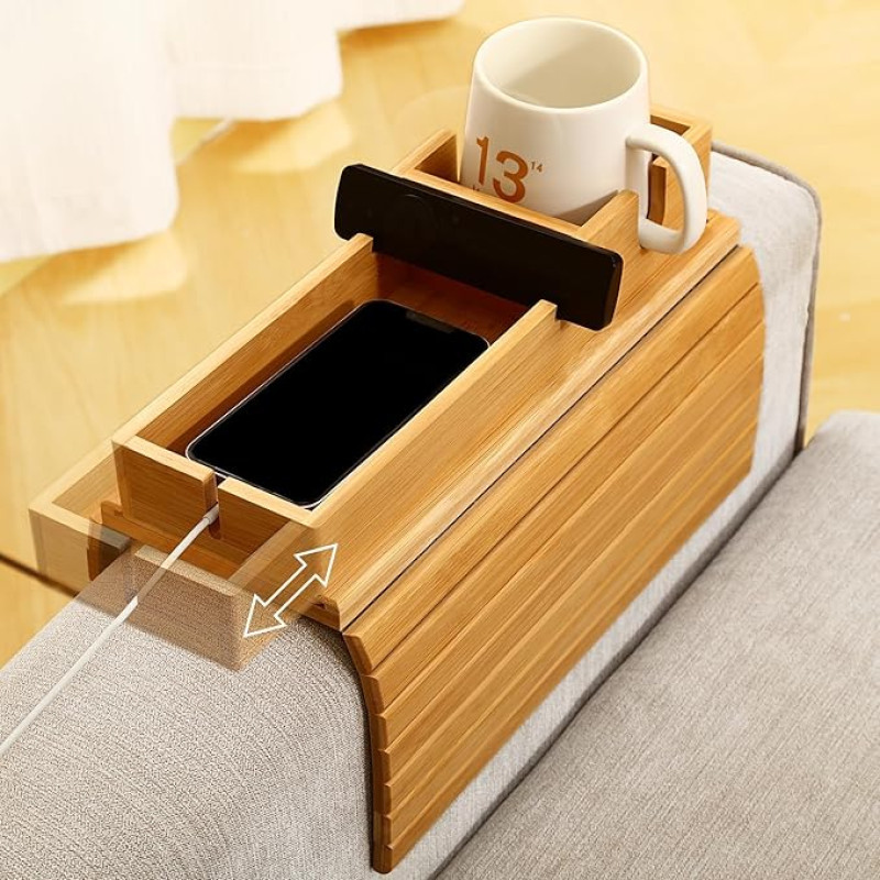 Bamboo Sofa Armrest Tray Table Couch Armrest Tray Couch Arm Table Sofa Cup Holder Tray Non-Slip Sofa Armrest Tray for Phone Cups Remote Control Drink Snacks Flexible and