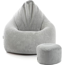 mokebo® XXL Cord Bean Bag with Stool for Children and Adults in Grey 'The Daydreamer', Set of Indoor Bean Bag and Pouf, Also as Floor Cushion, Seat Cushion, Cushion with EPS Beads Filling