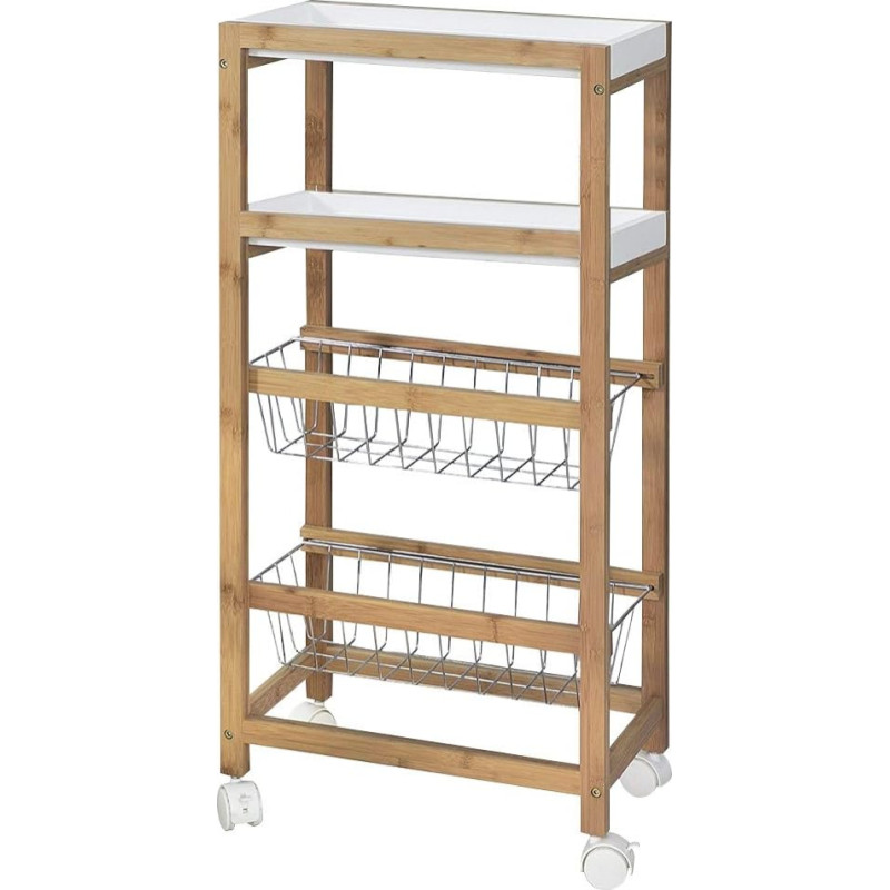 BAKAJI Slim Salvaspazio Bamboo Kitchen Trolley with 2 Removable Trays, 2 Shelves and Metal Fruit Basket and 4 Swivel Wheels, Natural Wood