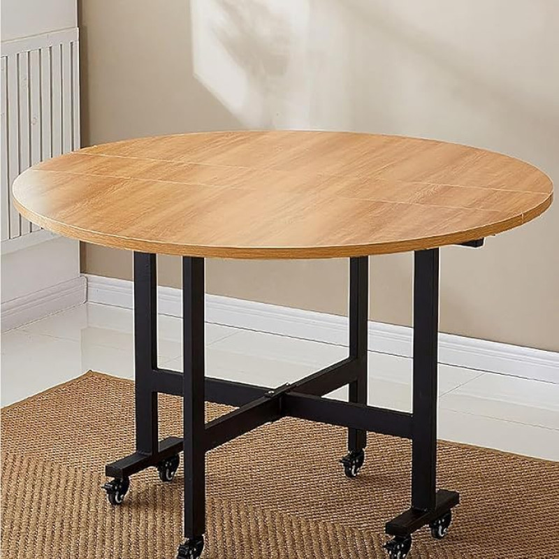 Ausziehbarer klappbarer Esstisch, Klapptisch mit rundem Rand, zusammenklappbares Design mit 6 Rollen, vielseitiger zusammenklappbarer Ausziehtisch für Küche, Büro und kleine Räume