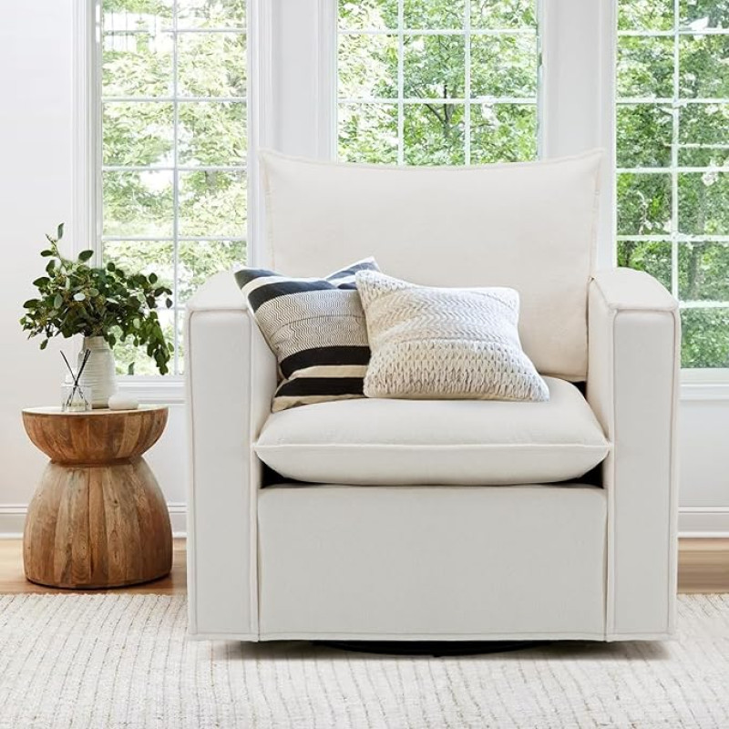 COLAMY Swivel Chair 34 Inch Wide Padded Armchair with Plump Back Cushions Modern Sofa Living Room Chair for Bedroom Corner Reading Corner Beige