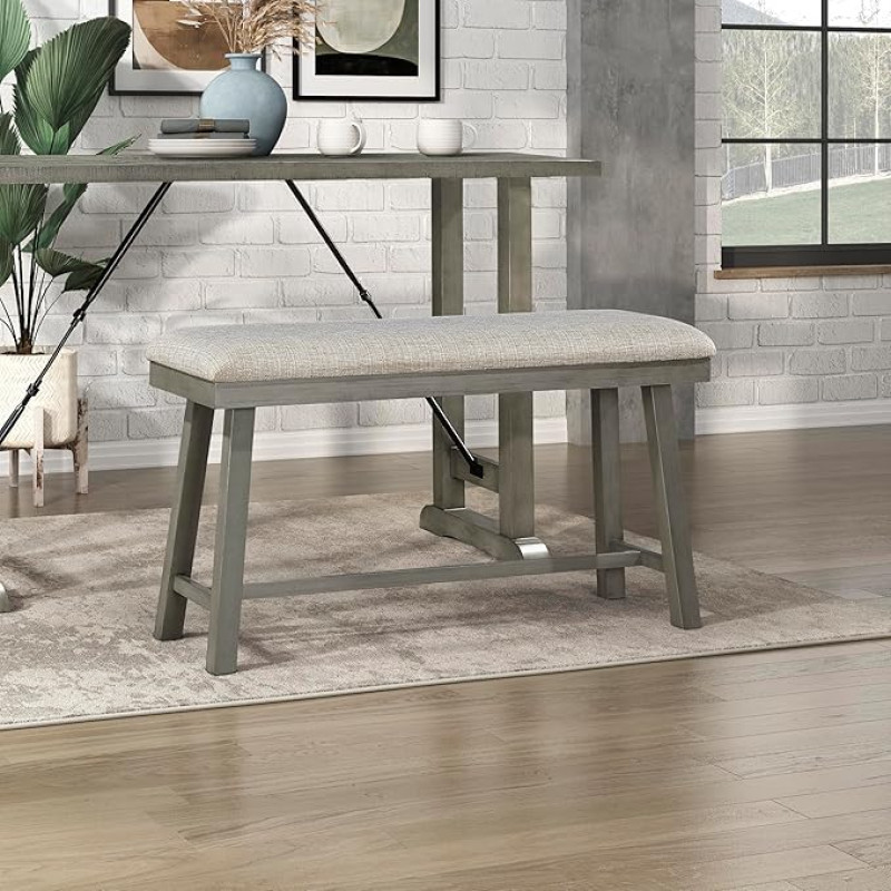Lexicon Counter Height Bench for Dining Room Table, 105.4 cm Wooden Bench with Grey Padded Seat for Home and Kitchen, Wooden Bench for Indoor, Kitchen Bench, Dining Bench, Easy Assembly, Grey