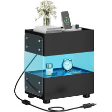 YITAHOME Bedside Table with 2 Drawers, Floating Bedside Table with 7 Color LED Light Bar, Modern Accent Side Table with Frosted Tempered Glass for Bedroom and Living Room, Black