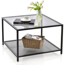 LIFEZEAL Tempered Glass Coffee Table, Square Living Room Table with Metal Frame, Glass Table, Side Table for Living Room, Office, 70 x 70 x 45 cm (Grey, with Shelf)