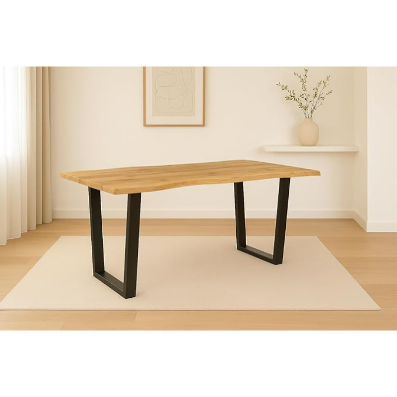 SAM Copenhagen Dining Table | 140 x 80 cm | Wild Oak Wood Look | Wane Edge | V-Frame Metal Black | Dining Room & Kitchen