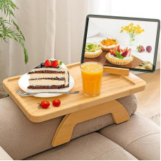 Bamboo Coffee Table Tray Sofa Tray Table Clip Side Table Armrest Tray with Rotatable Phone Holder for Food/Drink/Snacks/Food/Remote Control, 39 x 25 x 2cm
