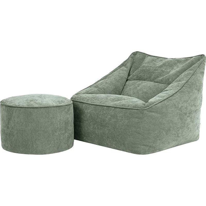 Icon Natalia Bean Bag Chair with Stool for Adults, Sage Green, Fluffy Chenille Fabric, Giant Bean Bag with Filling, Bean Bag Chair, Comfortable Chair for Living Room, Lounge, Bedroom, Office
