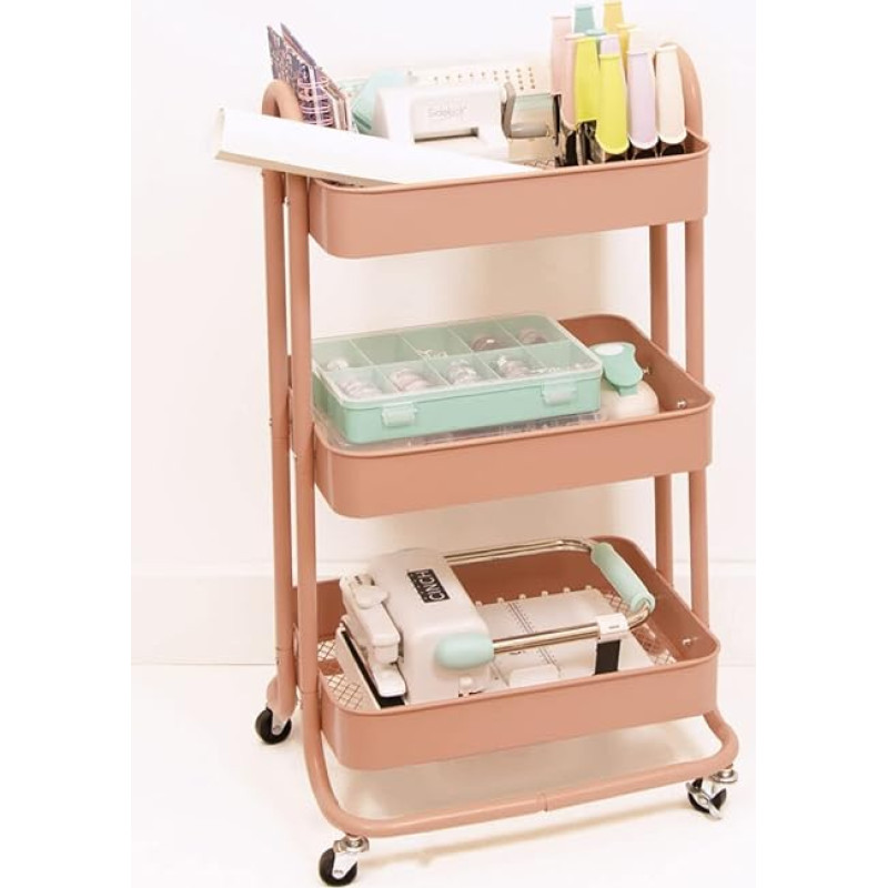 Craftelier - Metal Organiser Trolley with 3 Compartments | 4 Swivel Castors 360º with Brakes | Max. Shelf Load 2.99 kg | Distance Between Compartments 25.5 cm | Size 78 x 40 cm - Colour Salmon Pink