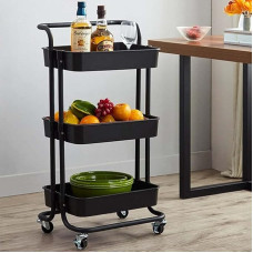 BAKAJI 3 Tier and 4 Wheels 360 Degrees with Brake Space Saving Home Kitchen Cosmetic Trolley 32.5 x 75 x 25 cm Modern Design (Black)