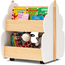 DREAMADE Children's Bookcase, Play Shelf with 3 Open Shelves, Toy Organiser, Toy Box with Wheels for Books Toys, Children's Shelf for Children's Room, Nursery 52 x 46 x 62.5 cm (White + Natural)